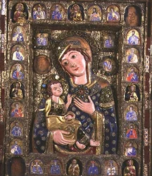 Madonna und Kind mit Evangelisten und Propheten, zentrales Panel eines Triptychons (Detail)