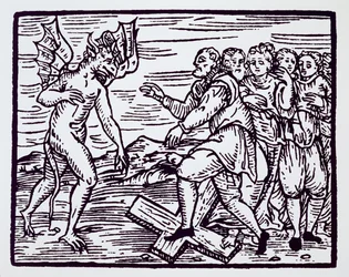 Männliche Hexe, die Christus verleugnet, Kopie einer Illustration aus Compendium Maleticarum von Fr M Guaccius, Mailand 1608, verwendet in Geschichte der Magie, veröffentlicht Ende des 19. Jahrhunderts