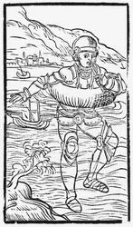 Mann mit Rettungsring, Illustration aus Historia de Gentibus Septentrionalibus von Olaus Magnus (1490-1558), veröffentlicht in Rom, 1555