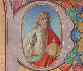 Manuskript-Illumination mit Salvator Mundi in einem Initial P, aus einem Chorbuch