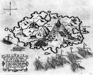 Karte der Insel Tinos mit der venezianischen Flotte, 17. Jahrhundert