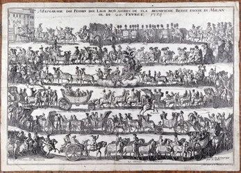 Maskerade: Prozession und Tanz von Maskenmenschen anlässlich des Karnevals. Mailand 20.02.1764