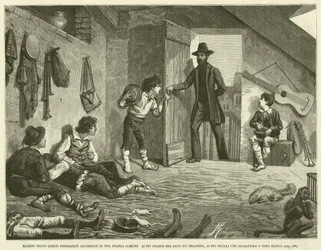 Mazzini fand diese Unglücklichen in einem gemeinsamen Raum untergebracht. Den Größeren wurde ein Orgelchen gegeben, den Kleineren ein Eichhörnchen oder eine weiße Maus (Stich)