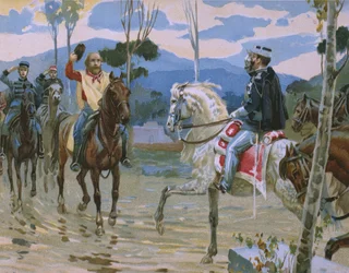 Treffen zwischen Giuseppe Garibaldi und König Viktor Emanuel II. am 26. Oktober 1860 in Teano, Illustration aus einem Album zur Geschichte des Risorgimento für die Schokolade Talmone, späte 19. Jahrhundert