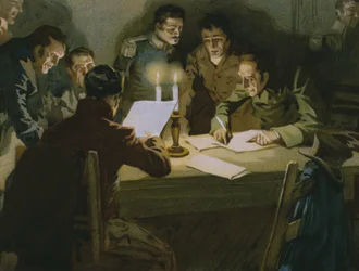Treffen der ersten Partisanen, die sich den Besatzern widersetzen, Geburt der Carbonari, Illustration aus einem Album zur Geschichte des Risorgimento für die Schokolade Talmone, späte 19. Jahrhundert