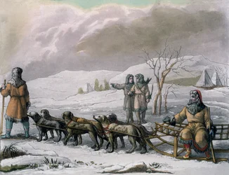 Männer von Kamtschatka mit einem Hundeschlitten, aus Costumi dei... von Giulio Ferrario, ca. 1820er-30er Jahre