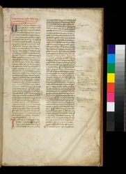 Ms 361. Valerius Maximus, Factorum et Dictorum Memorabilium Libri, f.2r. Beispiel einer abgerundeten gotischen Semi-Quadrata-Buchschrift und farbigen Initialen mit kontrastierenden Federverzierungen