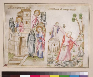 Christi Versuchung, Daniel zerstört Bel, aus Speculum Humanae Salvationis