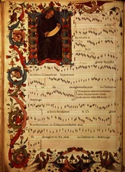 Ms Med. Pal. 87 Seite mit musikalischer Notation und historisierter Initiale, aus dem Squarcialupi-Codex, produziert im Florentiner Kloster S. Maria degli Angeli