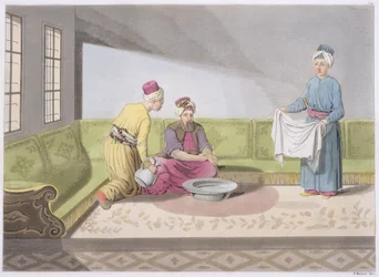Muslim bei seinen rituellen Waschungen, Tafel 34 aus Teil III, Band I der Geschichte der Nationen, gestochen von V. Raineri