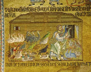 Noah hilft Paaren von Tieren, die Arche zu betreten