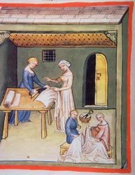 Nova 2644 fol.105v Die Schneiderei: Leinenkleidung, aus Tacuinum Sanitatis