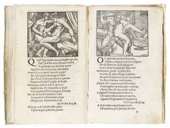 Seite aus "Sonetti Lussuriosi" von Pietro Aretino, illustriert von Giulio Romano und graviert von Marcantonio Raimondi, veröffentlicht in Venedig, ca. 1527
