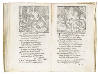 Seite aus "Sonetti Lussuriosi" von Pietro Aretino, illustriert von Giulio Romano und graviert von Marcantonio Raimondi, veröffentlicht in Venedig, ca. 1527