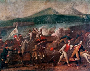 Am 21/01/1799 ausgerufene Parthenopäische Republik (oder Republik Neapel): Kardinal Fabrizio Dionigi Ruffo de Bagnara (1744-1827) trifft an der Spitze der Armee der Santa Fede in Neapel ein, um die französischen Republikaner zu vertreiben. Anonymes