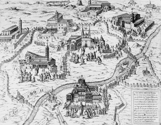 Pilger besuchen die Sieben Kirchen von Rom während des Heiligen Jahres 1575, Gravur, Italien
