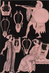 Flöten, Leiern und andere Musikinstrumente im antiken Griechenland - Altgriechisches Musikinstrument - Stich aus „Usi e Costumi di Tutti i Popoli dell