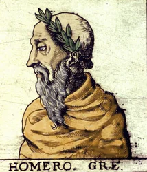 Porträt von Homer (9. Jahrhundert v. Chr.). Gravur von 1560 aus dem Atlas von Urbano Monte