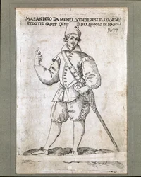 Porträt des neapolitanischen Fischers und Revolutionärs Masaniello (1623-1647) (Porträt Masaniellos, neapolitanischer Fischer und Anführer des Aufstands gegen die habsburgische Herrschaft in Neapel im Jahr 1647). Stich aus dem 17. Jahrhundert. Museo
