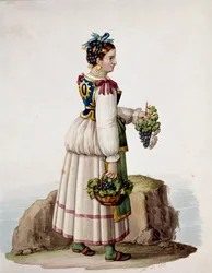 Porträt einer jungen Frau aus Capri in traditioneller Kleidung, Trauben haltend