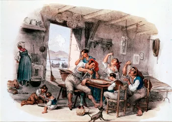 Wahrscheinlich neapolitanische Familie, die Makkaroni mit den Händen isst. Anonymer Stich aus dem 19. Jahrhundert. Rom, Museo Nazionale delle Paste Alimentari, Fondazione Agnesi