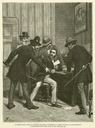 Vier Italiener hinter dem Rat von Mazzini warnten Corelli, dass er von ihnen bekannt war und bestanden darauf, alle seine Papiere zu haben (Stich)