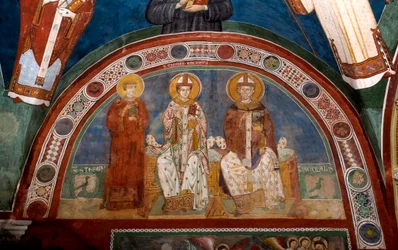 Darstellung von Saint Stephen, christlicher Märtyrer, Saint Thomas Becket (1118-1170), Erzbischof von Canterbury und Saint Nicholas von Myra oder Bari (270-345). Anonymes Fresko (13. Jahrhundert) Unterkirche. Kloster von Saint Benedetto (Sacro Speco), Subi
