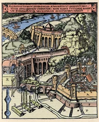 Darstellung eines Aquädukts. Farbige Gravur aus „De Architectura“ von Vitruv (1. Jahrhundert v. Chr.) - Ausgabe von Gottardo da Ponte, Como