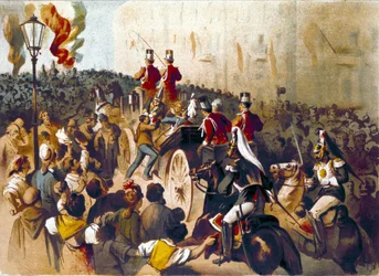 Darstellung des Attentats von Giovanni Passannante (1849-1910) auf den italienischen König Umberto I. im Jahr 1878 in Neapel. Dieses Ereignis inspirierte den Dichter Giovanni Pascoli zu einer Ode. Gravur aus dem 19. Jahrhundert