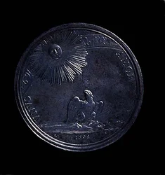 Rückseite einer Porträtmedaille von Anna Isabella von Mantua mit einem Adler, der die Sonne beobachtet, geprägt 1698. Inschrift: VNVS AMOR