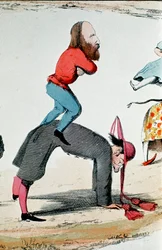 Risorgimento: satirische Zeichnung, die die Helden des Risorgimento Giuseppe Garibaldi (1807-1882) zeigt, wie sie die Römische Frage regeln, eine politische Kontroverse über die Rolle Roms, Sitz der weltlichen Macht des Papstes und Hauptstadt des neuen Kön