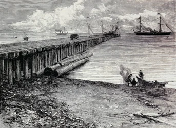 San Leon Mine, Verladedeck für Erz nach Maddalena, Gravur, Sardinien, Italien