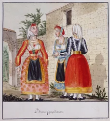 Sardische Frauen in Trachten aus Campidano, gedruckt ms.258, Luzzetti-Sammlung