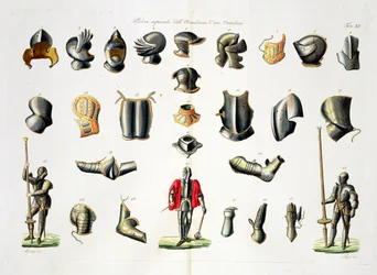 Einzelne Teile einer Ritterrüstung, Tafel 15 aus The History of the Nations, graviert von G. Lago