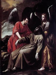 Der heilige Franz von Assisi wird von Engeln getröstet, nachdem er die Stigmata erhalten hat