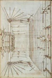 Bühnenmaschinerie für die Opern im San Salvatore Theater in Venedig, 1675 (Feder und Tuschlavierung auf Papier)
