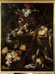 Stillleben mit Blumen, Wild und Gewehr
