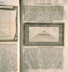 Studie zur Perspektive in der Malerei - Tafel aus dem ersten Buch der Serie "Über die Malerei" von Leon Battista Alberti (Gravur)