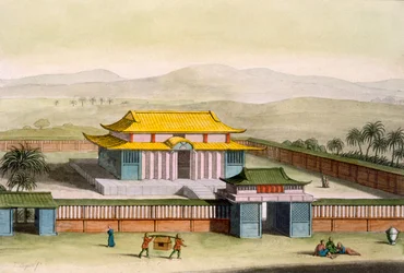 Tempel Daibods in einem Anwesen auf dem Land, aus Costume dei... von Giulio Ferrario, ca. 1820er-30er Jahre