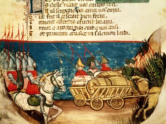 Die Armee von Karl dem Großen (742-814) und der Transport von Vorräten, aus einem venezianischen Kodex