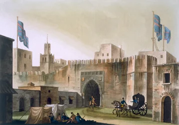 Das Beb Kar, Tor nach Tunis, mit Europäern in einer Pferdekutsche, ca. 1820er-30er Jahre