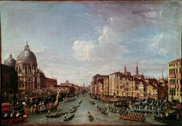 Der Bucentaurus (Bucentoro) zu San Nicolo in Venedig. Wahrscheinlich der Doge Alvise IV. Mocenigo (1763-1778) während der Himmelfahrtsfeierlichkeiten. Anonymes Gemälde des 18. Jahrhunderts. Venedig, Correr Museum