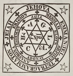 Der große magische Kreis von Agrippa zur Beschwörung von Dämonen, Kopie einer Illustration aus Les Oevres Magiques de Henri Corneille Agrippa, Rom 1744, verwendet in einer Geschichte der Magie, veröffentlicht im späten 19. Jahrhundert