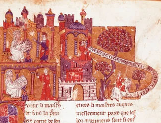 Der griechische Philosoph Aristoteles (383-322 v. Chr.) lehrt seine Schüler Moral und Verachtung für Frauen. Miniatur aus einem italienischen Manuskript des 14. Jahrhunderts. Bibliotheque Inguimbertine Municipal de Carpentras.