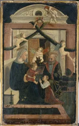 Die Heilige Familie mit Stifter im Gebet und spielenden Engeln, ca. 1460