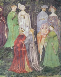 Der Monat Juni, Detail von Adligen und Frauen beim Spaziergang, ca. 1400