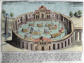 Die Naumachie von Nero, Darstellung einer Seeschlacht in Rom (Stich, 17. Jahrhundert)