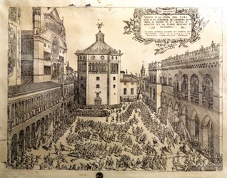 Das Stierfest auf dem großen Platz von Cremona in Italien. Gravur des 16. Jahrhunderts Cremona, Museo Civico Italien