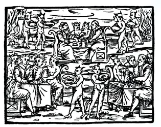 Der Hexensabbat, Kopie einer Illustration aus Compendium Maleticarum von Fr M Guaccius, Mailand 1608, verwendet in Geschichte der Magie, veröffentlicht Ende des 19. Jahrhunderts