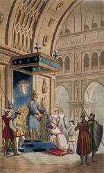 Die Schaffung eines Tempelritters, aus einem Manuskript der Romanze von Lancelot vom See, veröffentlicht um 1820-30